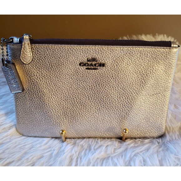 Coach Handbags - COACH Metallic Gold Leather Signature Logo Coin Purse Card Wallet Zip Pouch NWOT